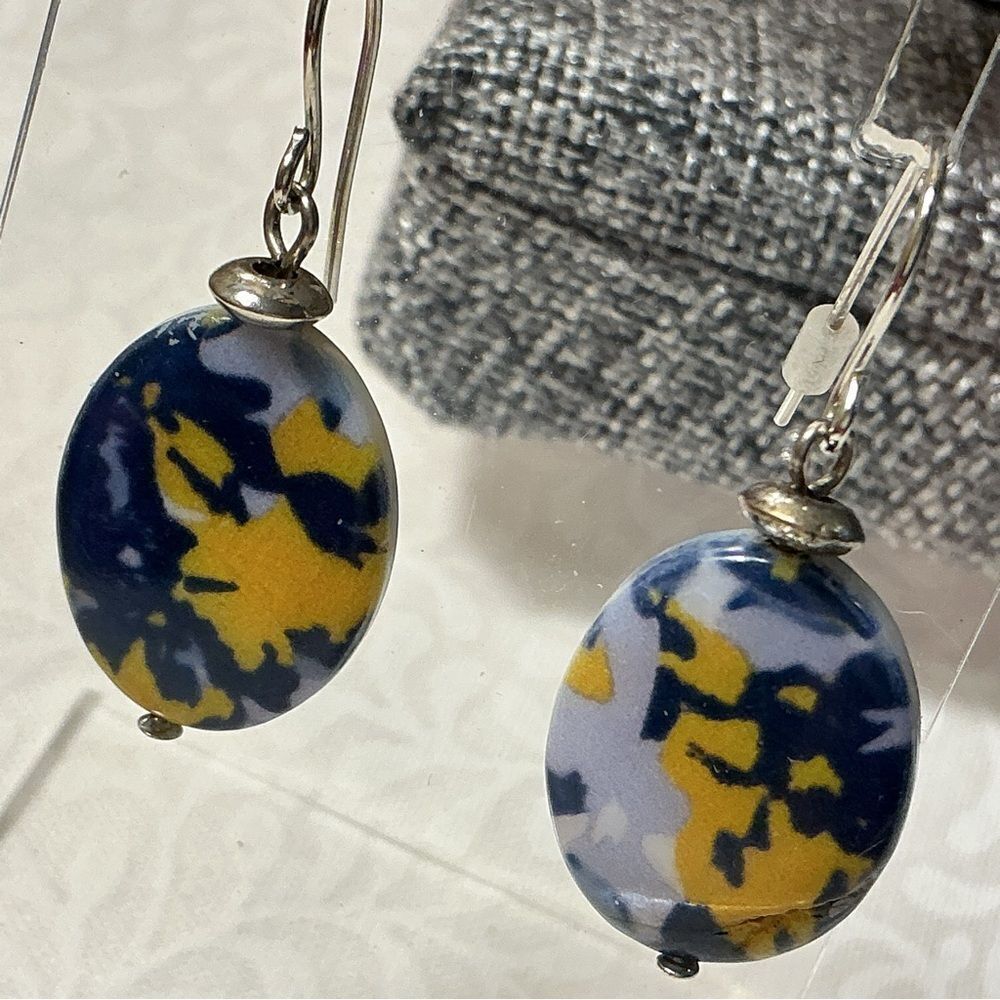 Abstract Blue and Yellow Oval Dangle Earrings